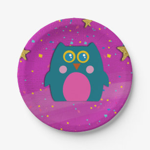 Uil Teal Paarse Papieren Bord Kinderen Verjaardags