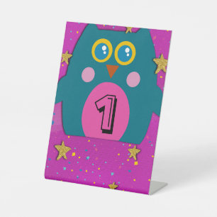 Uil Teal Paarse Tafelbordjes Nummer Kinderfeestje Reclamebord Met Voetstuk