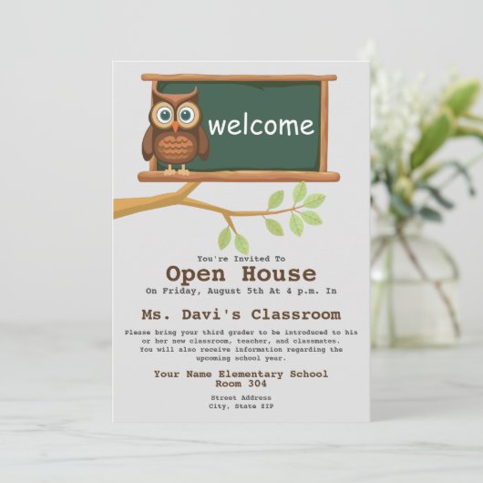 Uil Terug naar School Classroom Open Huis Uitnodig Kaart (Staand voorkant)