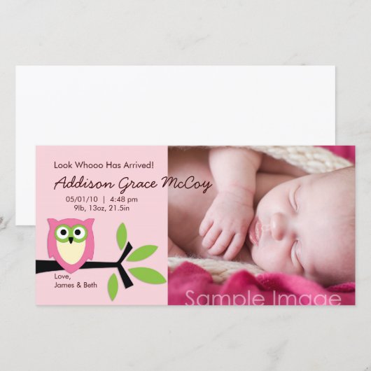 Uil Thema Geboorteaankondiging Fotokaart voor Baby Aankondiging (Voorkant / Achterkant)
