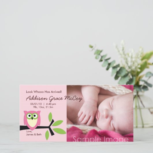Uil Thema Geboorteaankondiging Fotokaart voor Baby Aankondiging (Staand voorkant)