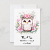Uil-thema roze baby meisje douche bedankkaart (Voorkant)