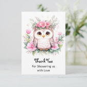 Uil-thema roze baby meisje douche bedankkaart (Staand voorkant)