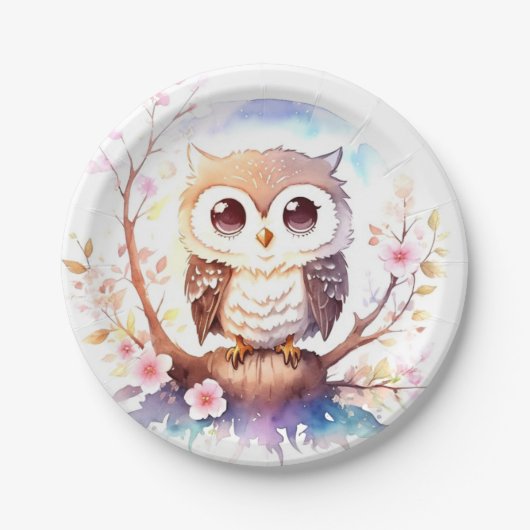 Uil-thema Woodland Baby Meisje Douche Papieren Bordje (Voorkant)