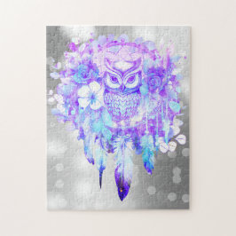 Uil Totem Dreamcatcher Bloemenveer Paarse Grijs Legpuzzel