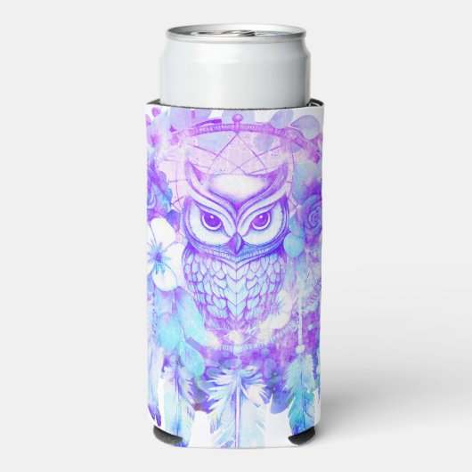 Uil Totem Dreamcatcher Bloemenveer Paarse Tint Seltzer Blikjeskoeler (Seltzer Achterkant)