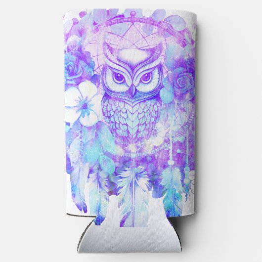 Uil Totem Dreamcatcher Bloemenveer Paarse Tint Seltzer Blikjeskoeler (Achterkant)