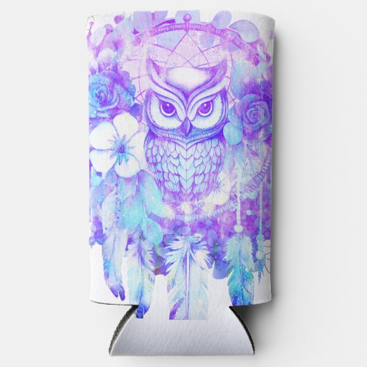 Uil Totem Dreamcatcher Bloemenveer Paarse Tint Seltzer Blikjeskoeler (Voorkant)