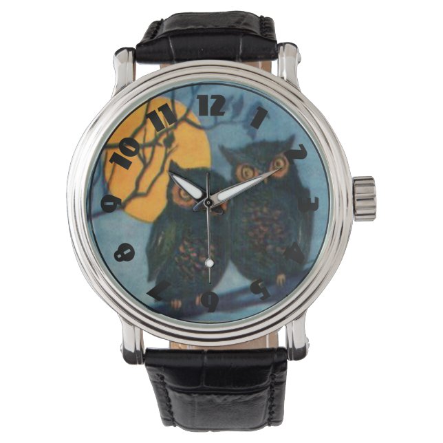 Uil Tree Night Volle Maan Halloween Horloge (Voorkant)