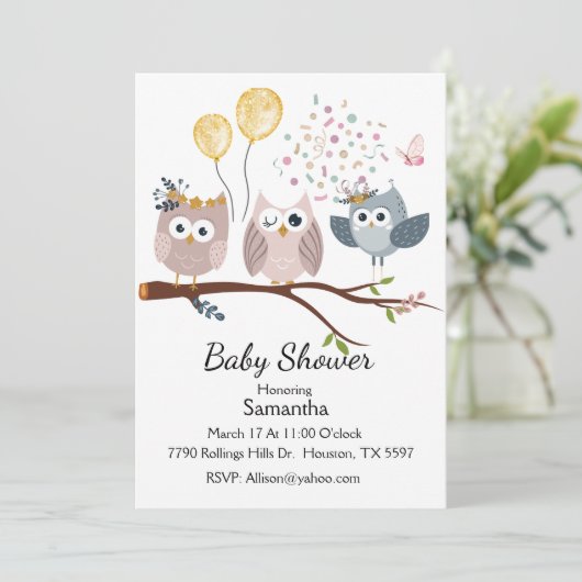 Uil trio zittend op een tak kaart (Staand voorkant)