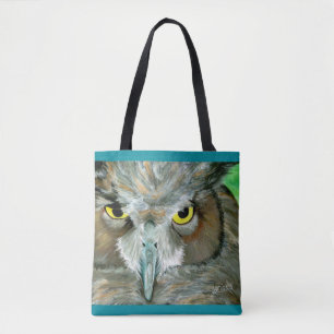 Uil: Turquoise Accent w/Feather Detail Back Tote Bag