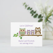 Uil Twins Verjaardagsfeestje Uitnodigen Uitnodiging Briefkaart (Staand voorkant)