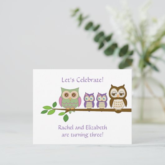 Uil Twins Verjaardagsfeestje Uitnodigen Uitnodiging Briefkaart (Staand voorkant)