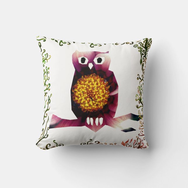 Uil, Uil Vogel Bloem Kunst Kussensloop Kussen (Voorkant)