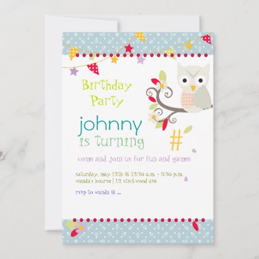 Uil, uitnodigingen voor verjaardagsfeestjes (Voorkant)