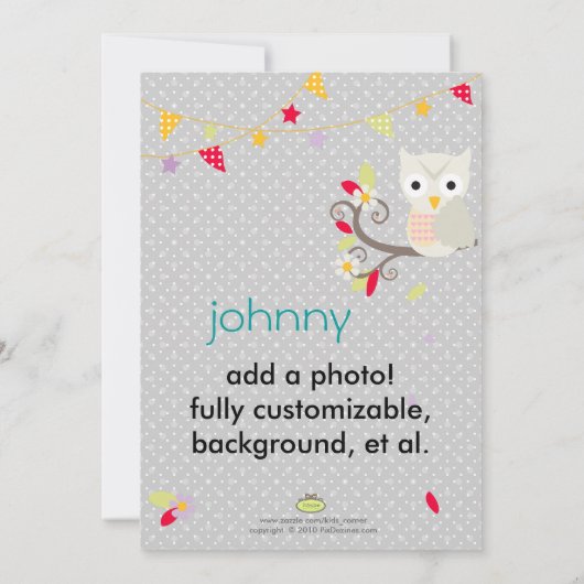 Uil, uitnodigingen voor verjaardagsfeestjes (Achterkant)