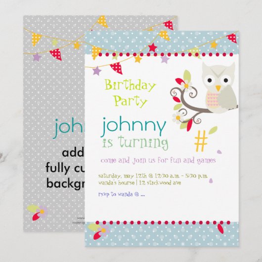 Uil, uitnodigingen voor verjaardagsfeestjes (Voorkant / Achterkant)