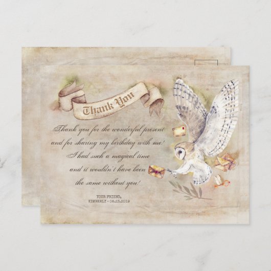 Uil verjaardag magische dank u briefkaart (Voorkant / Achterkant)