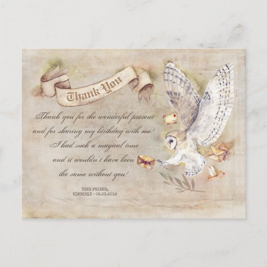 Uil verjaardag magische dank u briefkaart (Voorkant)