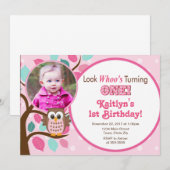 Uil Verjaardag Uitnodiging 1e Verjaardag Meisje (Voorkant / Achterkant)