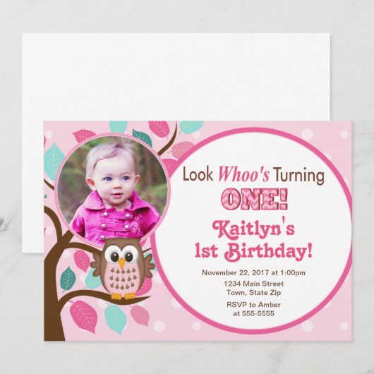 Uil Verjaardag Uitnodiging 1e Verjaardag Meisje (Voorkant / Achterkant)
