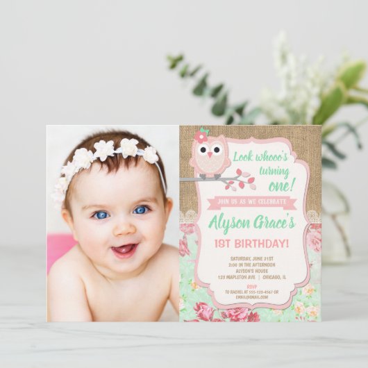 Uil verjaardag uitnodigingen, meisje 1e foto verja kaart (Staand voorkant)