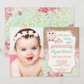 Uil verjaardag uitnodigingen, meisje 1e foto verja kaart (Voorkant / Achterkant)