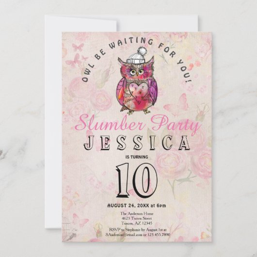 Uil-verjaardagsfeestje met overnachting kaart (Voorkant)