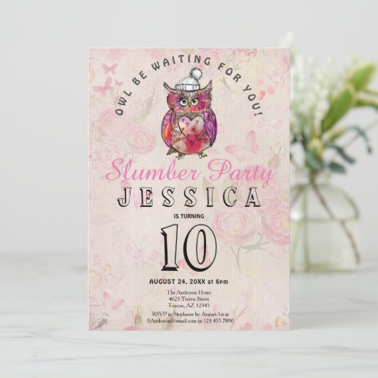 Uil-verjaardagsfeestje met overnachting kaart (Staand voorkant)