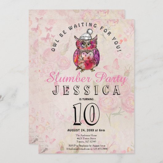 Uil-verjaardagsfeestje met overnachting kaart (Voorkant / Achterkant)