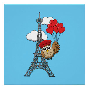 Uil Vliegen met Hartballonnen in Parijs Perfect Poster