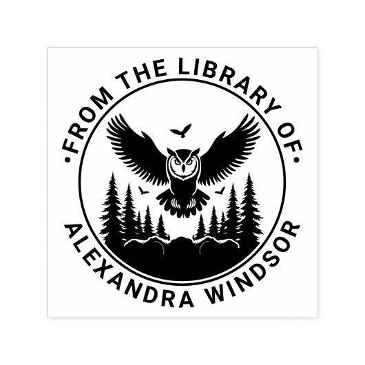 Uil Vliegende Voorkant Uitzicht, Fir Trees Library Zelfinktende Stempel (Design)
