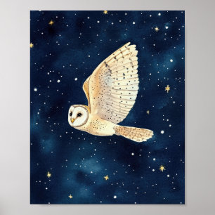 Uil vliegt over Sterrennacht Waterverf Xmas Poster