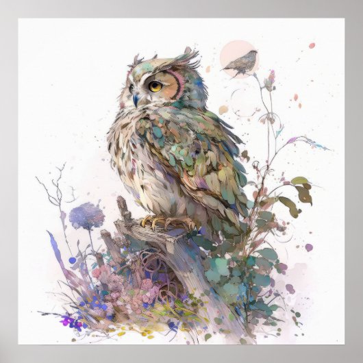 Uil Vogel Portret Dier Schilderen Wildlife Forest Poster (Voorkant)