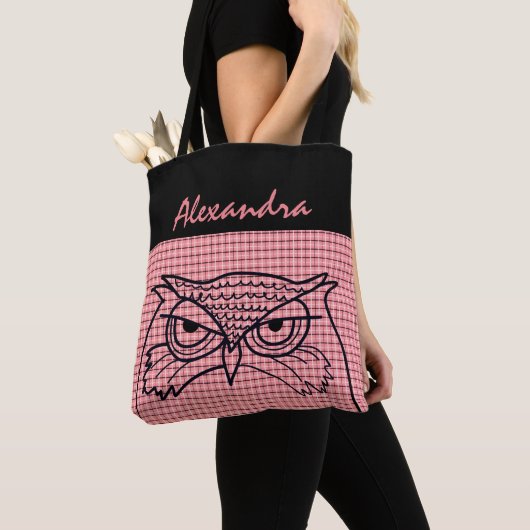 Uil Vogel Tekening Cool Roze Tartan Modern Monogra Tote Bag (Dichtbij)