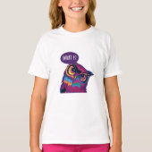 Uil Wat?, kleurrijke uil T-shirt (Voorkant)