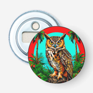 Uil zit op een rots button flesopener