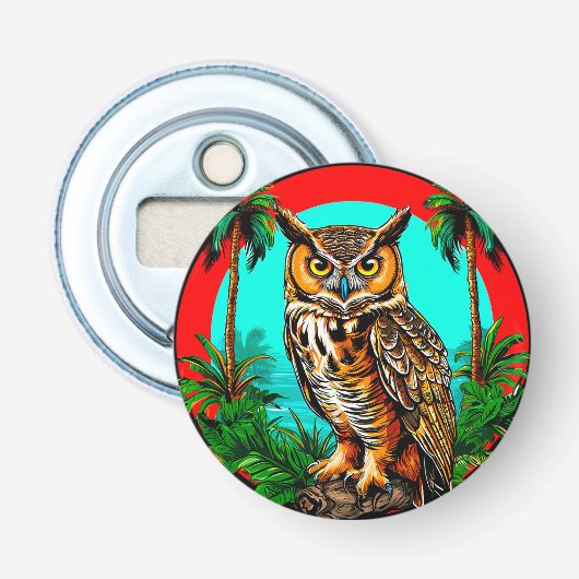 Uil zit op een rots button flesopener (Voorkant)
