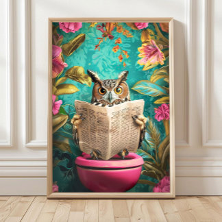 Uil zittend op toilet lezend in een krant afdruk poster