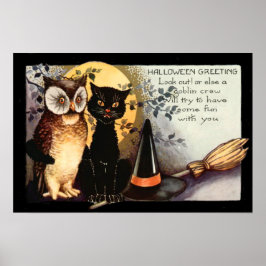 Uil Zwart Kat Volle Maan Heksenhoed Poster