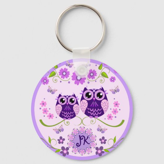 Uilen, Bloemen & Vlinders Aangepast Monogram Sleutelhanger (Voorkant)