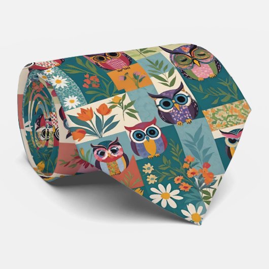 Uilen en bloemen bloemenpatchwork kleurblok stropdas (Opgerold)