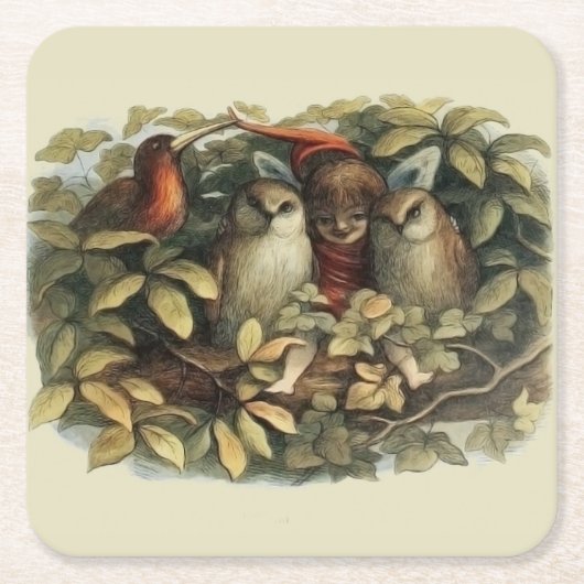Uilen en elffeeën Natuur Illustratie Kartonnen Onderzetters (Voorkant)