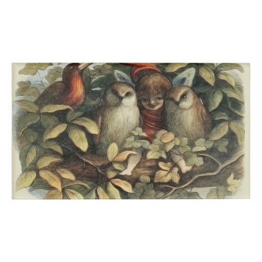 Uilen en elffeeën Natuur Illustratie Naambadge (Voorkant)