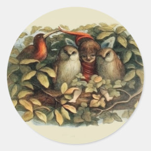 Uilen en elffeeën Natuur Illustratie Ronde Sticker