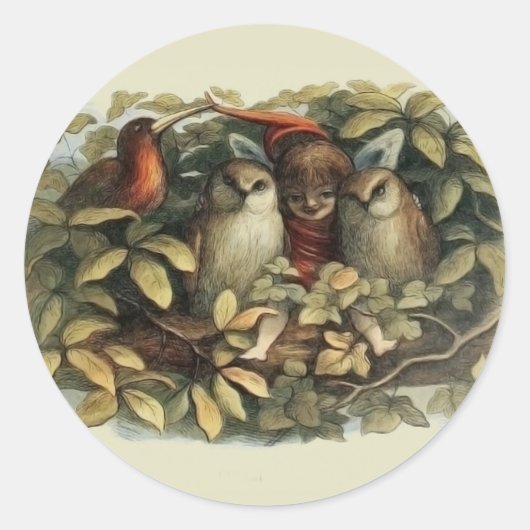Uilen en elffeeën Natuur Illustratie Ronde Sticker (Voorkant)