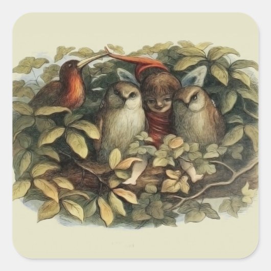 Uilen en elffeeën Natuur Illustratie Vierkante Sticker (Voorkant)