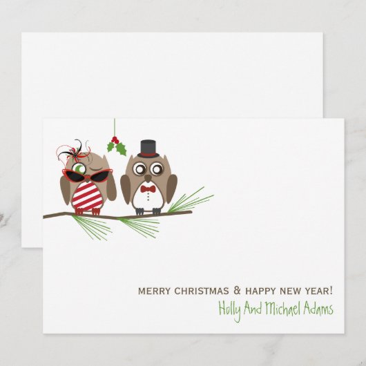 Uilen en Mistletoe Christmas Kaart (Voorkant / Achterkant)