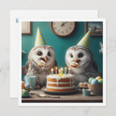 Uilen eten taart, grappige uil verjaardag uitnodig kaart (Voorkant / Achterkant)