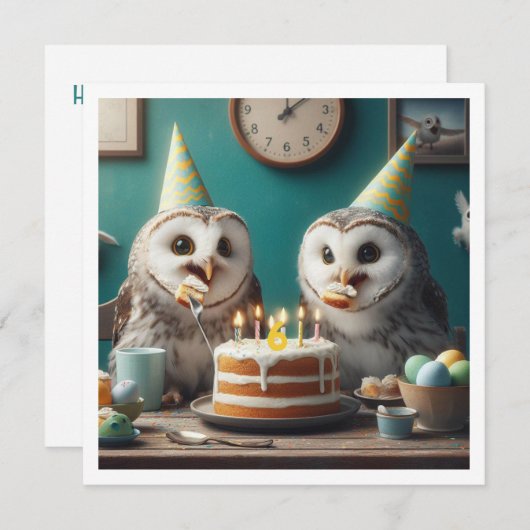 Uilen eten taart, grappige uil verjaardag uitnodig kaart (Voorkant / Achterkant)